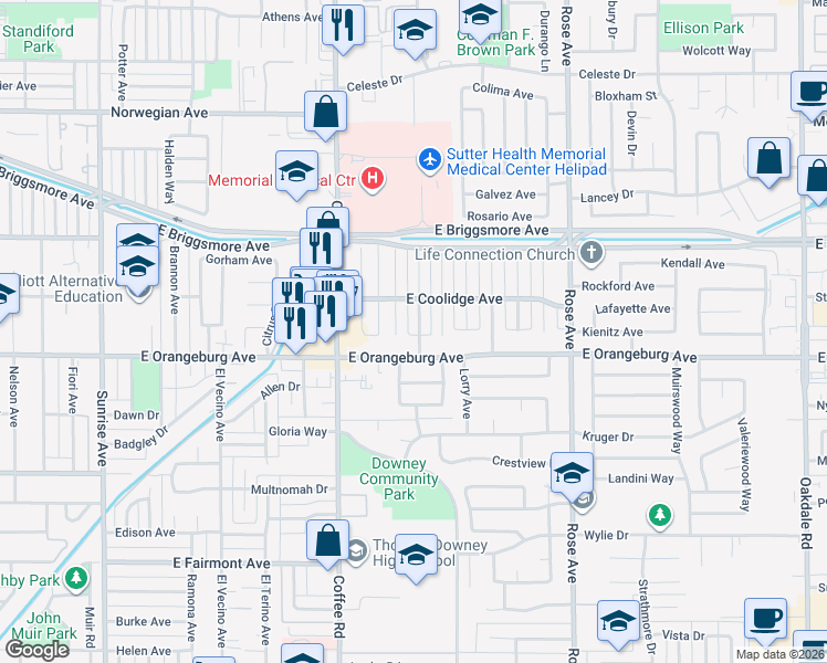 map of restaurants, bars, coffee shops, grocery stores, and more near 1445 Kent Way in Modesto