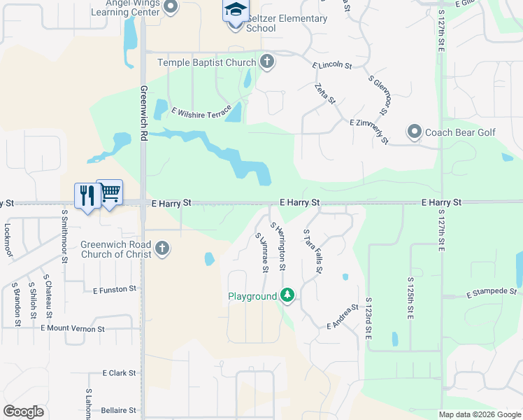 map of restaurants, bars, coffee shops, grocery stores, and more near 12022 East Harry Street in Wichita