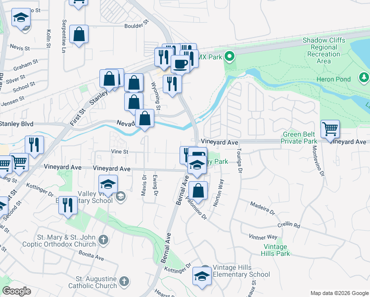 map of restaurants, bars, coffee shops, grocery stores, and more near 366 Virginia Way in Pleasanton
