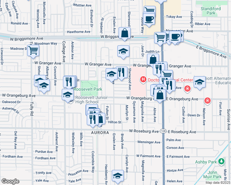 map of restaurants, bars, coffee shops, grocery stores, and more near 518 Coronado Way in Modesto
