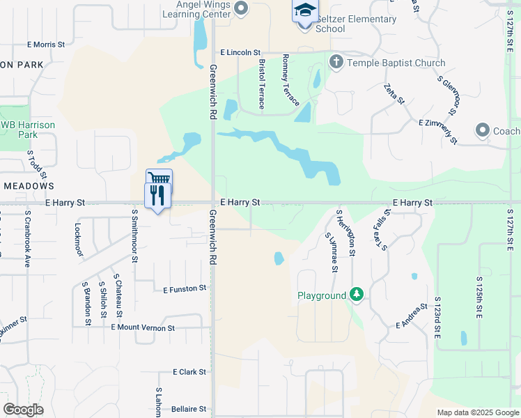 map of restaurants, bars, coffee shops, grocery stores, and more near 11421 East Harry Street in Wichita