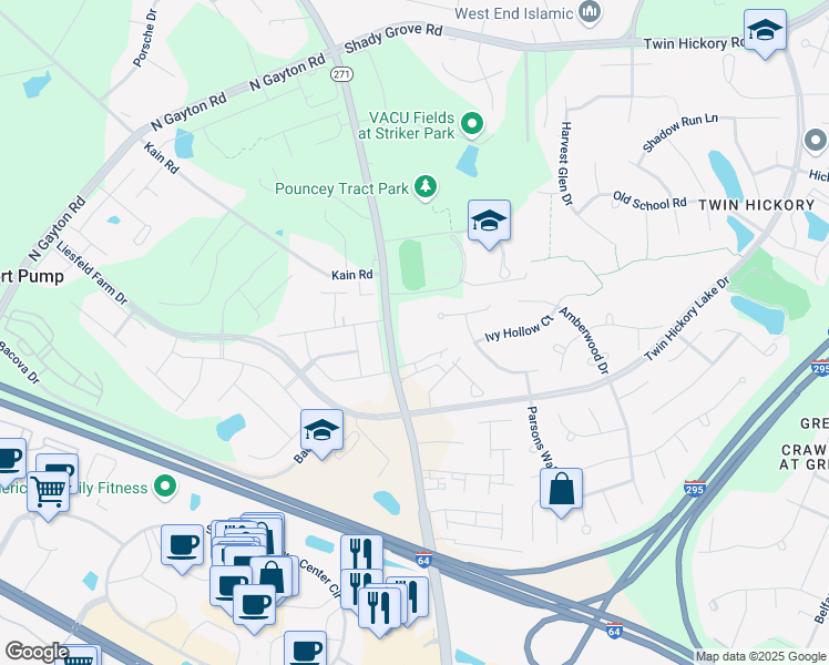 map of restaurants, bars, coffee shops, grocery stores, and more near in Glen Allen