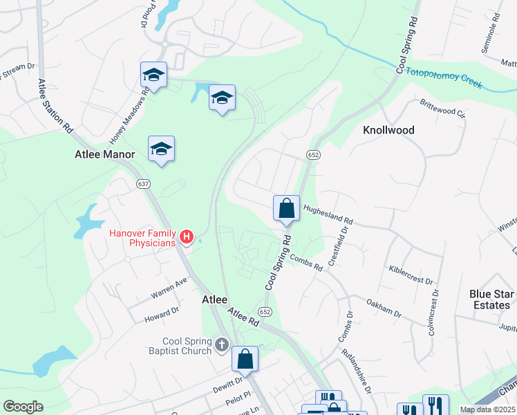 map of restaurants, bars, coffee shops, grocery stores, and more near 8986 Ringview Drive in Mechanicsville