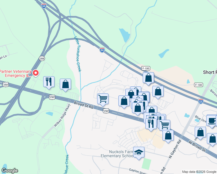 map of restaurants, bars, coffee shops, grocery stores, and more near 4359 Saunders Station Lane in Henrico