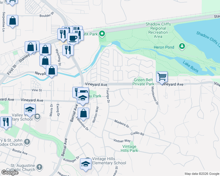 map of restaurants, bars, coffee shops, grocery stores, and more near 3208 Touriga Drive in Pleasanton