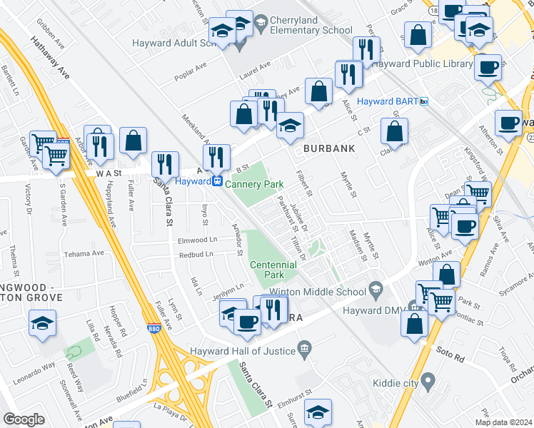 map of restaurants, bars, coffee shops, grocery stores, and more near 204 Sullivan Way in Hayward