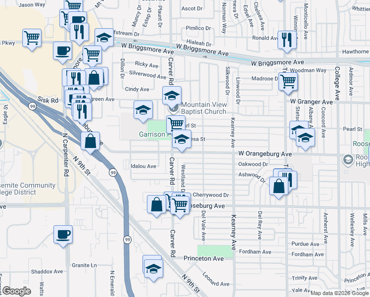 map of restaurants, bars, coffee shops, grocery stores, and more near 1416 Carver Road in Modesto