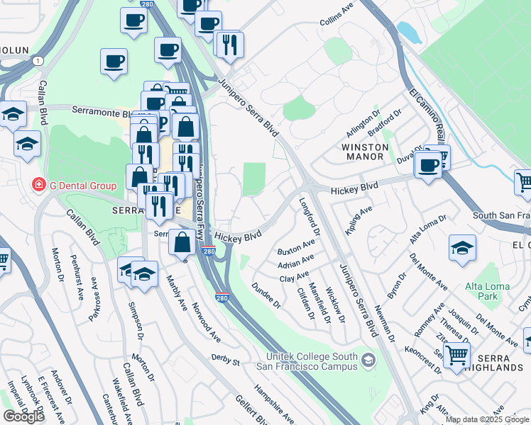 map of restaurants, bars, coffee shops, grocery stores, and more near 375 Mandarin Drive in Daly City