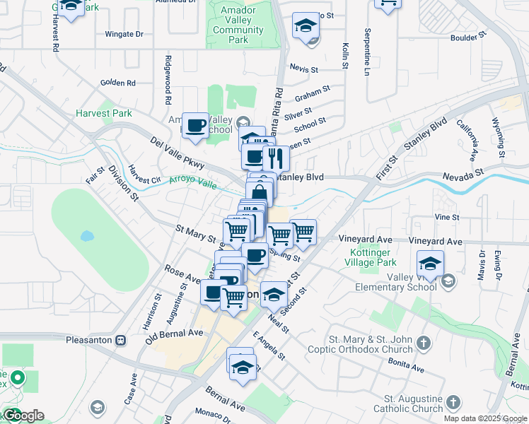 map of restaurants, bars, coffee shops, grocery stores, and more near 890 Main Street in Pleasanton