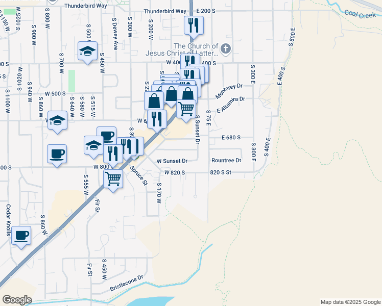 map of restaurants, bars, coffee shops, grocery stores, and more near 703 South Sunset Drive in Cedar City