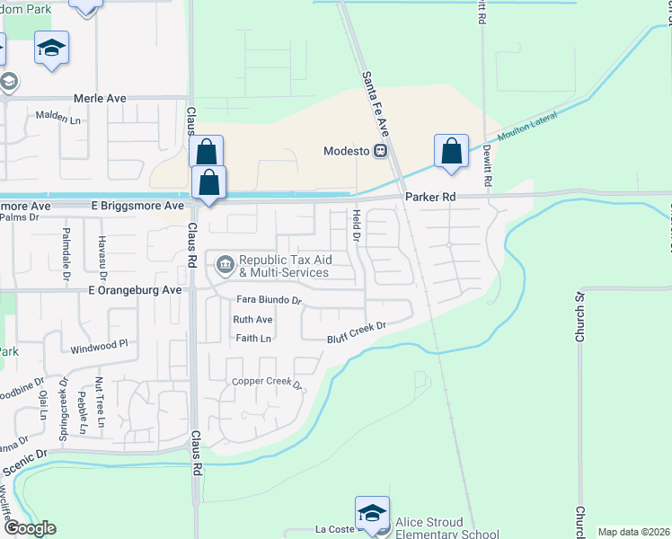 map of restaurants, bars, coffee shops, grocery stores, and more near 4400 Spartans Lane in Modesto