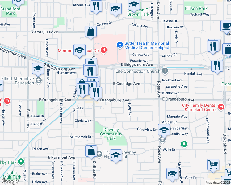 map of restaurants, bars, coffee shops, grocery stores, and more near 1445 Kent Way in Modesto