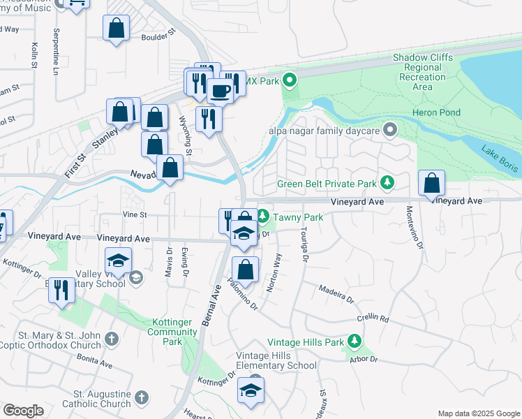 map of restaurants, bars, coffee shops, grocery stores, and more near in Pleasanton