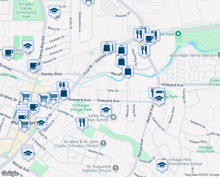 map of restaurants, bars, coffee shops, grocery stores, and more near 3845 Vine Street in Pleasanton