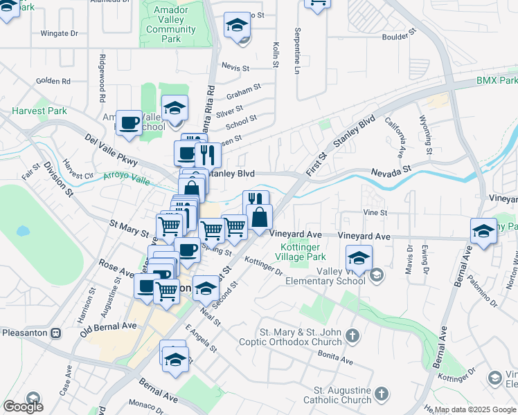 map of restaurants, bars, coffee shops, grocery stores, and more near 4065 Walnut Drive in Pleasanton