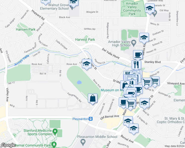 map of restaurants, bars, coffee shops, grocery stores, and more near 938 Division Street in Pleasanton