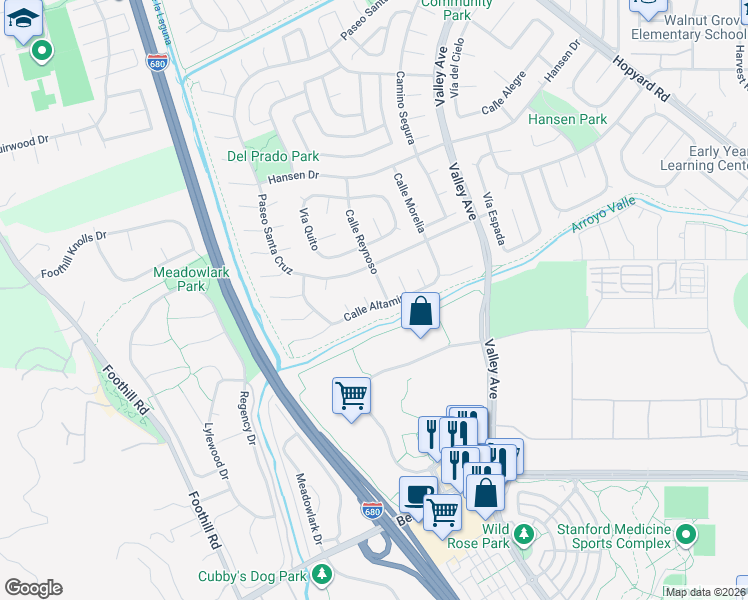 map of restaurants, bars, coffee shops, grocery stores, and more near 2660 Calle Reynoso in Pleasanton