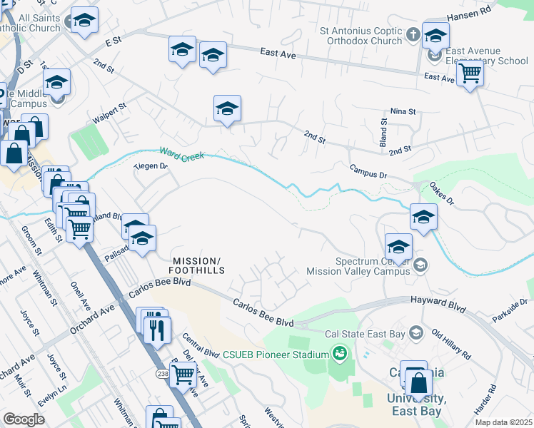 map of restaurants, bars, coffee shops, grocery stores, and more near 1470 Highland Boulevard in Hayward