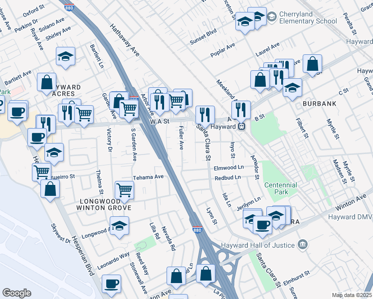 map of restaurants, bars, coffee shops, grocery stores, and more near 22416 Fuller Avenue in Hayward