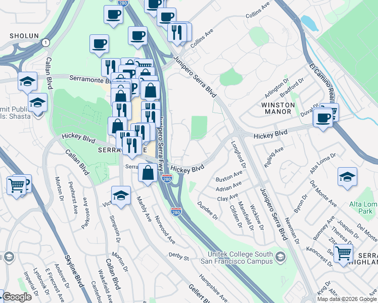 map of restaurants, bars, coffee shops, grocery stores, and more near 379 Imperial Way in Daly City