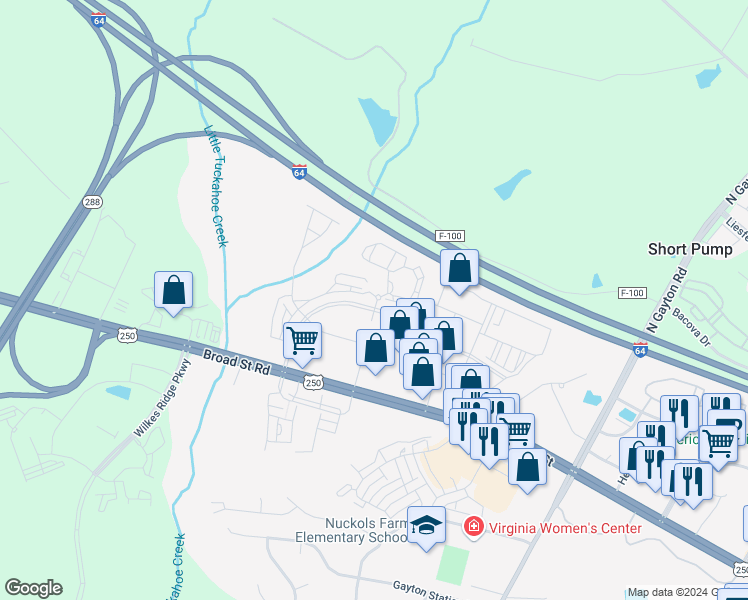 map of restaurants, bars, coffee shops, grocery stores, and more near 4345 Saunders Station Lane in Short Pump