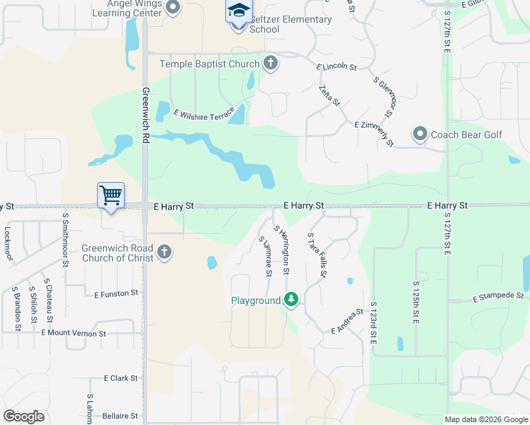 map of restaurants, bars, coffee shops, grocery stores, and more near 12022 East Harry Street in Wichita
