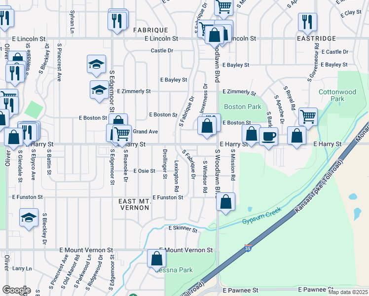 map of restaurants, bars, coffee shops, grocery stores, and more near 6138 East Harry Street in Wichita