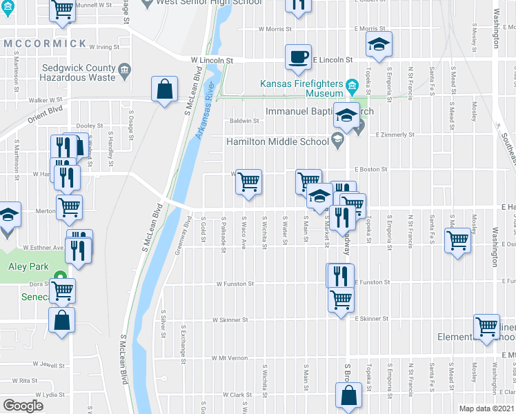 map of restaurants, bars, coffee shops, grocery stores, and more near 1537 South Wichita Street in Wichita