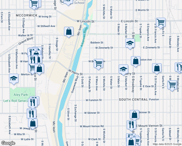 map of restaurants, bars, coffee shops, grocery stores, and more near 1537 South Waco Avenue in Wichita
