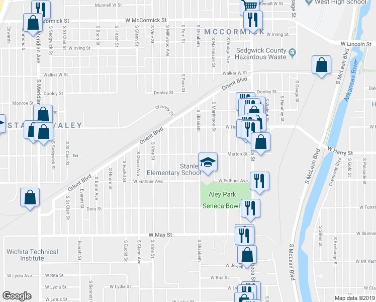 map of restaurants, bars, coffee shops, grocery stores, and more near 1631 South Fern Street in Wichita