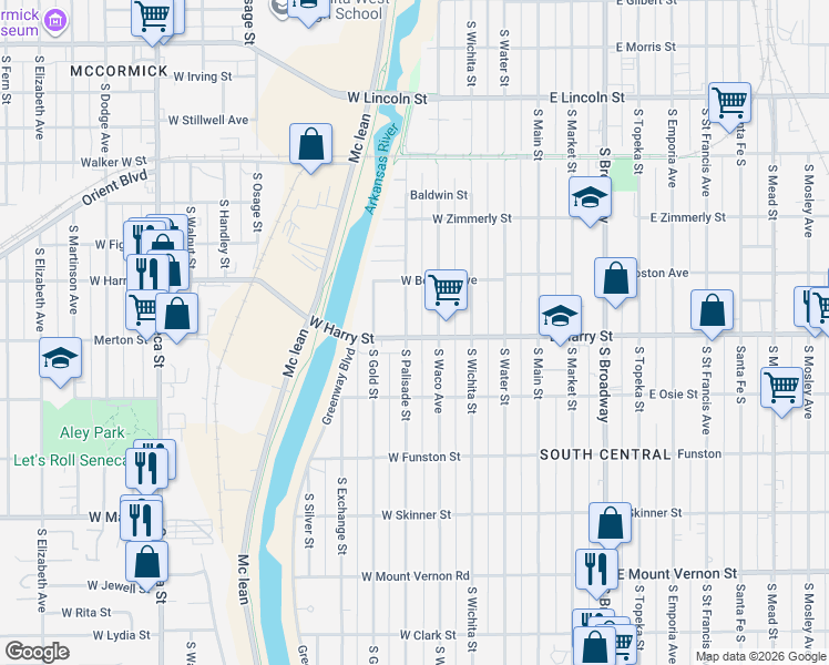 map of restaurants, bars, coffee shops, grocery stores, and more near 1537 South Waco Avenue in Wichita