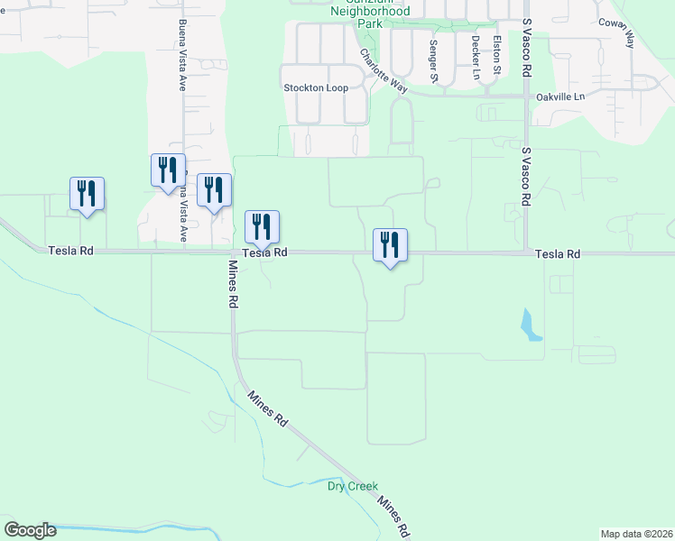map of restaurants, bars, coffee shops, grocery stores, and more near 5147 Tesla Road in Livermore