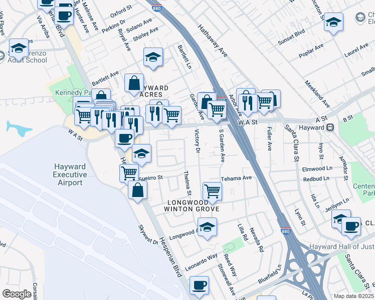 map of restaurants, bars, coffee shops, grocery stores, and more near 21888 Thelma Street in Hayward