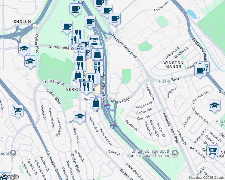 map of restaurants, bars, coffee shops, grocery stores, and more near 396 Imperial Way in Daly City