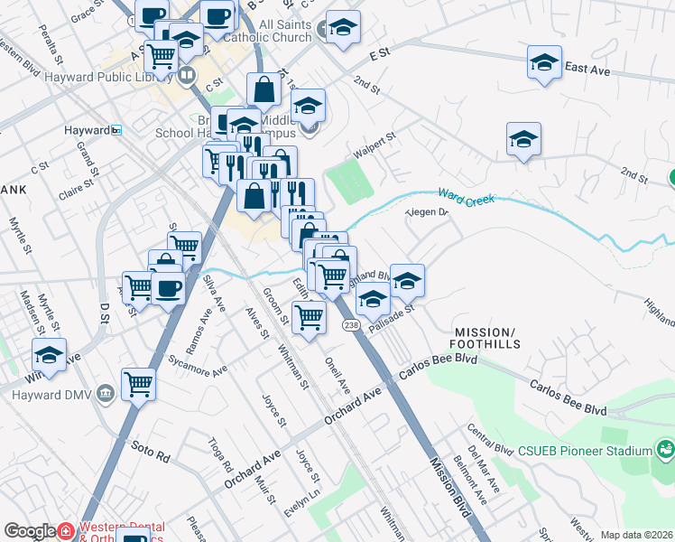 map of restaurants, bars, coffee shops, grocery stores, and more near 24405 Margaret Drive in Hayward