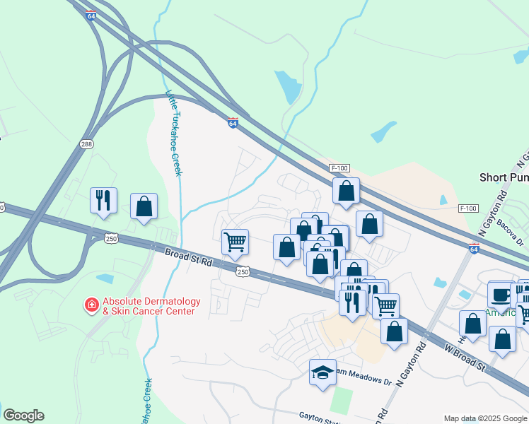 map of restaurants, bars, coffee shops, grocery stores, and more near 4343a Saunders Station Lane in Henrico