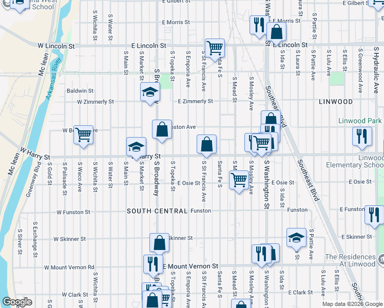 map of restaurants, bars, coffee shops, grocery stores, and more near 500 East Harry Street in Wichita