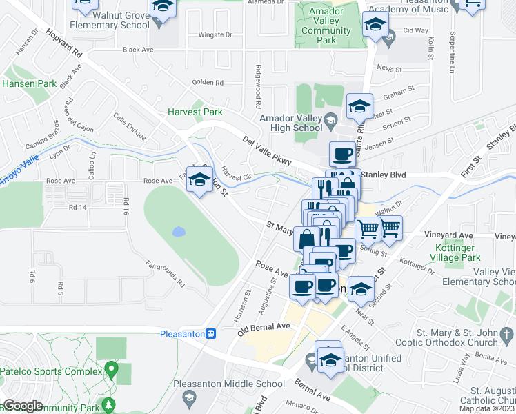map of restaurants, bars, coffee shops, grocery stores, and more near 4267 Pleasanton Avenue in Pleasanton