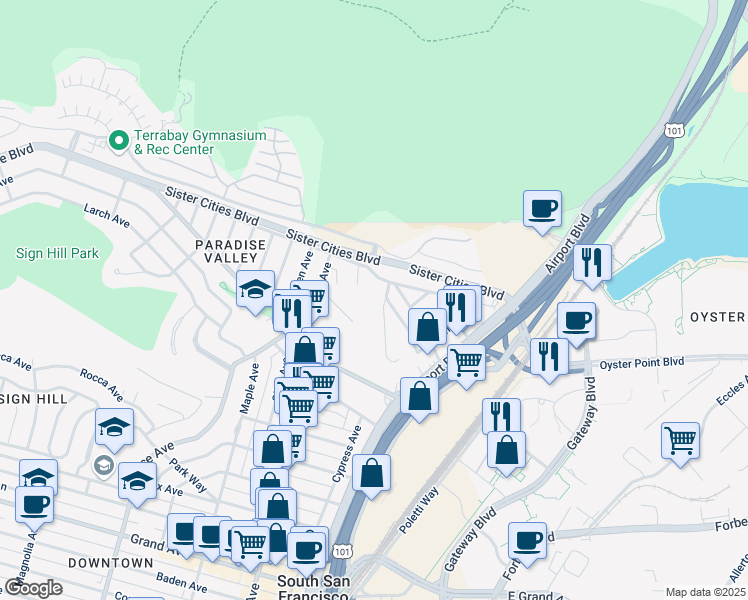 map of restaurants, bars, coffee shops, grocery stores, and more near 162 Pecks Lane in South San Francisco