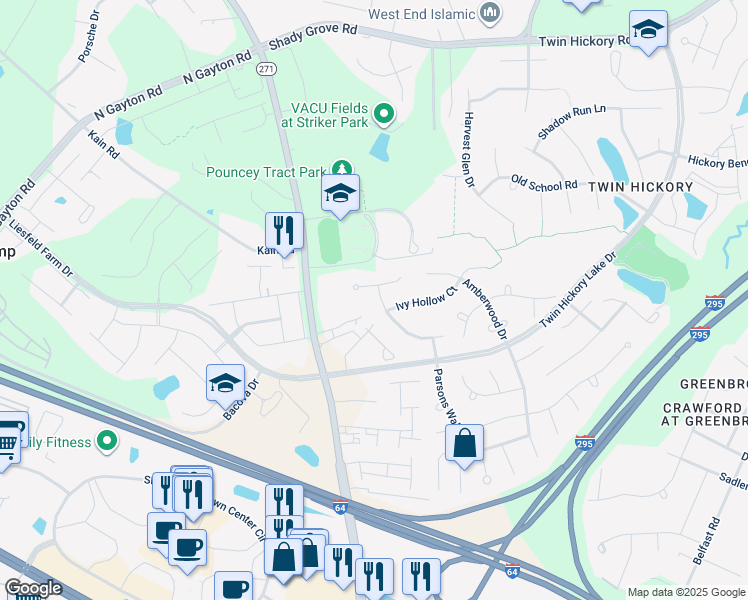 map of restaurants, bars, coffee shops, grocery stores, and more near 5273 Turning Branch Way in Glen Allen