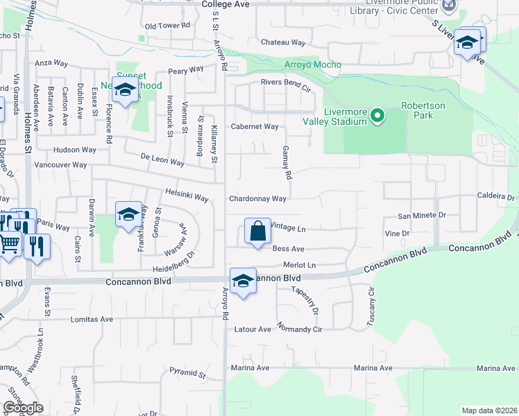map of restaurants, bars, coffee shops, grocery stores, and more near 2215 Chardonnay Way in Livermore