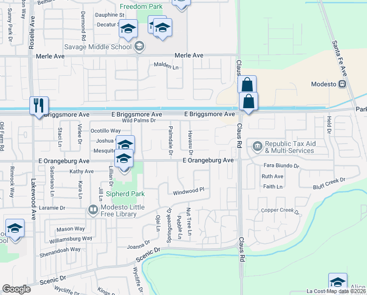map of restaurants, bars, coffee shops, grocery stores, and more near 1424 Palmdale Drive in Modesto