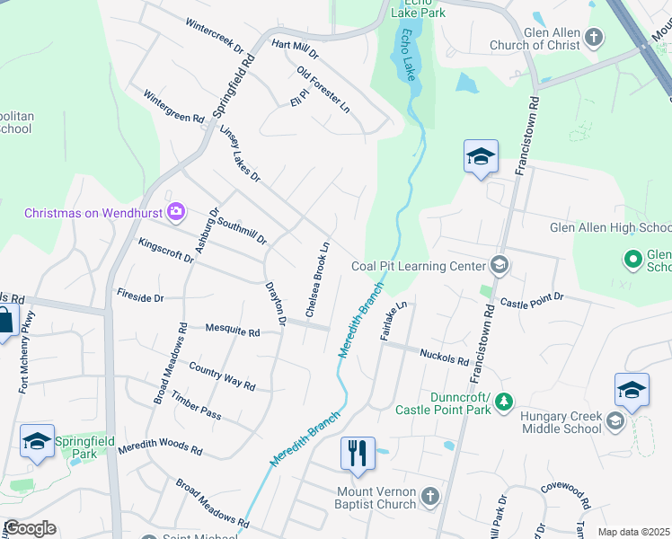 map of restaurants, bars, coffee shops, grocery stores, and more near 9361 Crystal Brook Terrace in Glen Allen