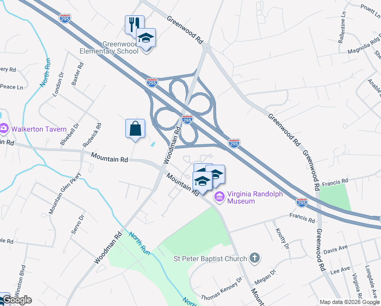 map of restaurants, bars, coffee shops, grocery stores, and more near 2539 Mountain Ash Circle in Glen Allen