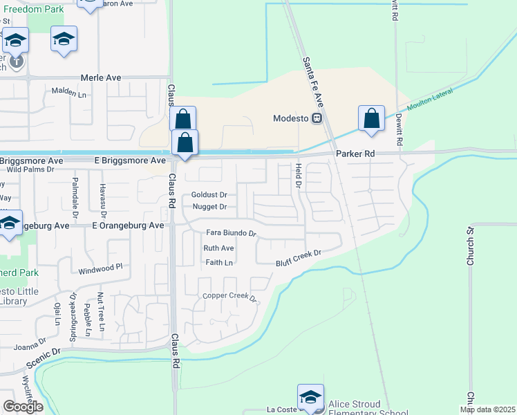 map of restaurants, bars, coffee shops, grocery stores, and more near 4312 Spartans Lane in Modesto