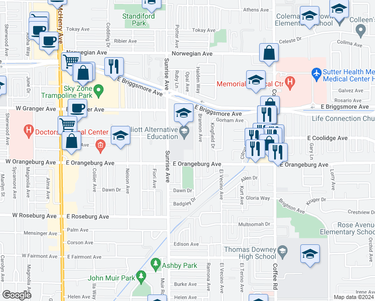 map of restaurants, bars, coffee shops, grocery stores, and more near 1429 Brannon Avenue in Modesto