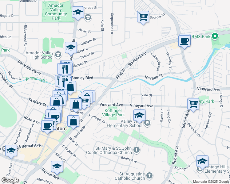map of restaurants, bars, coffee shops, grocery stores, and more near 4019 Bottarini Court in Pleasanton