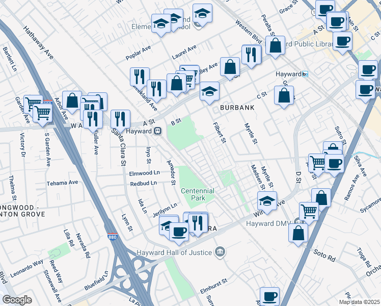 map of restaurants, bars, coffee shops, grocery stores, and more near 107 Burbank Street in Hayward