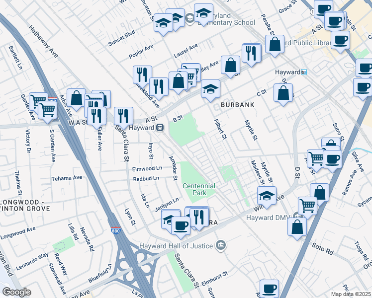 map of restaurants, bars, coffee shops, grocery stores, and more near 107 Burbank Street in Hayward
