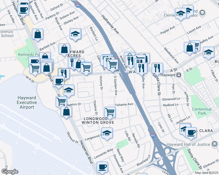 map of restaurants, bars, coffee shops, grocery stores, and more near 22189 South Garden Avenue in Hayward